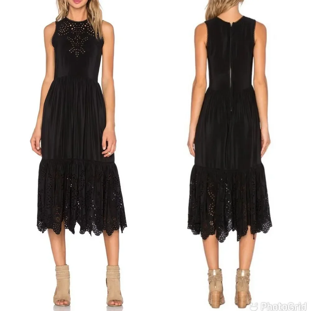 Ulla Johnson Oona Silk Eyelet Embroidered Dress in Raven Black Size 10 - Picture 1 of 11